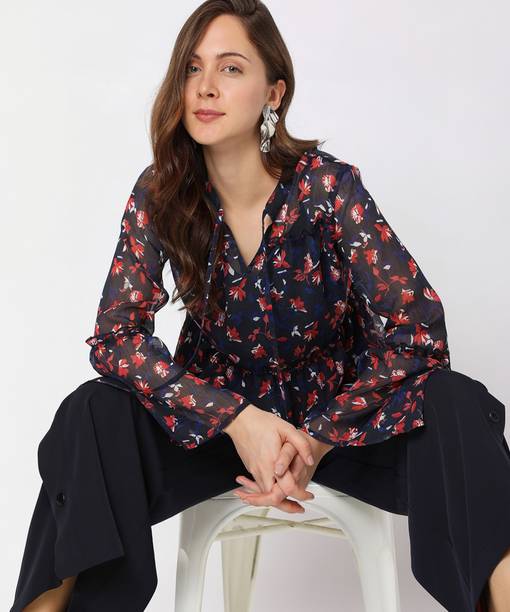 Casual Regular Sleeves Printed Women Blue Top