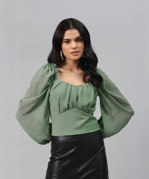 Casual Regular Sleeves Solid Women Green Top