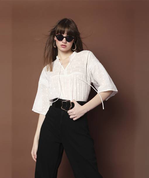 Casual Flared Sleeves Embellished Women White Top