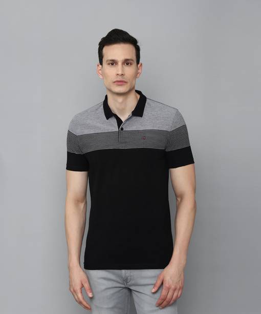 Men Striped Polo Neck Pure Cotton Black T-Shirt