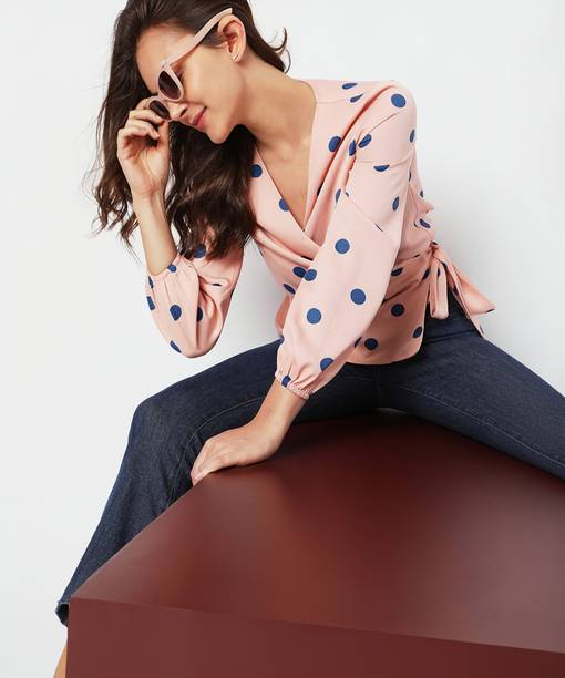 Casual Puff Sleeves Polka Print Women Pink Top