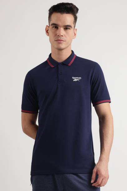 Men Solid Polo Neck Cotton Blend Navy Blue T-Shirt