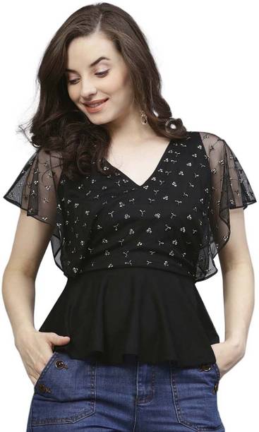Casual Flared Sleeves Embellished Women Black Top