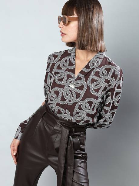 Casual Cuffed Sleeves Printed Women Brown Top