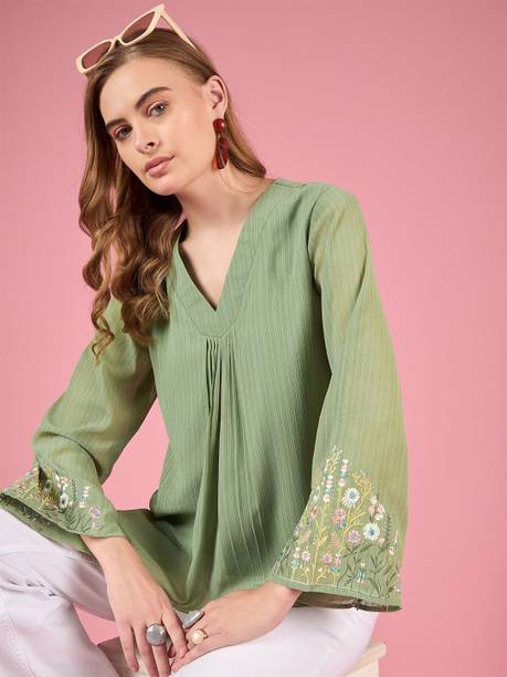 Casual Regular Sleeves Self Design Women Green Top