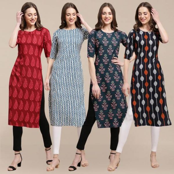 Pack of 4 Women Printed Crepe A-line Kurta