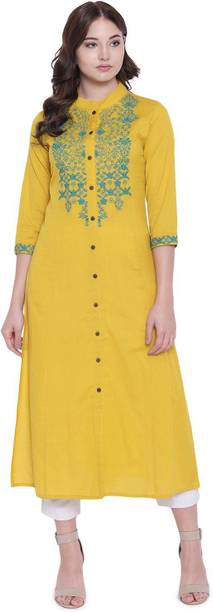 Women Embroidered Cotton Blend Straight Kurta