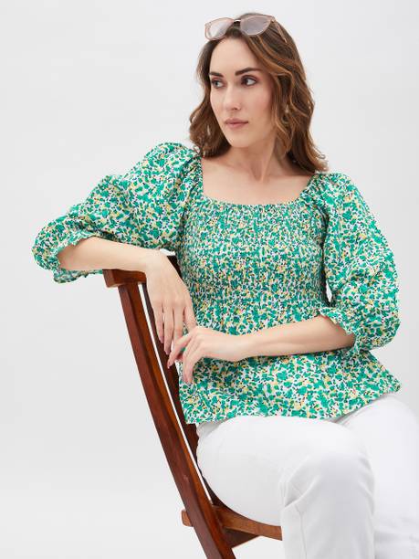 Casual Bishop Sleeve Printed Women Green Top