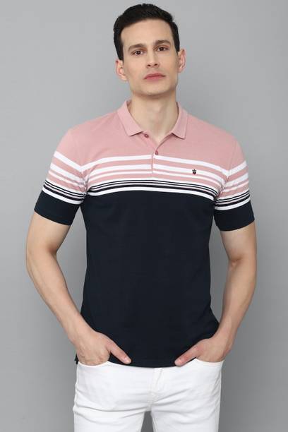 Men Striped Polo Neck Pure Cotton Dark Blue T-Shirt