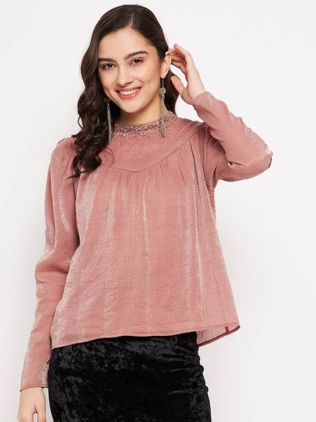 Casual Regular Sleeves Embellished Women Red Top