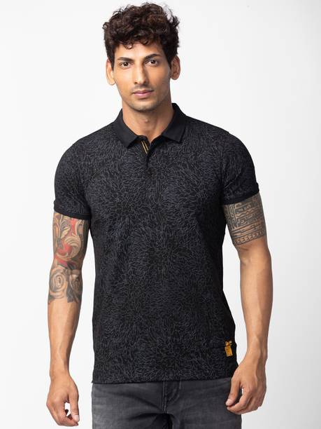 Men Printed Polo Neck Cotton Blend Black T-Shirt
