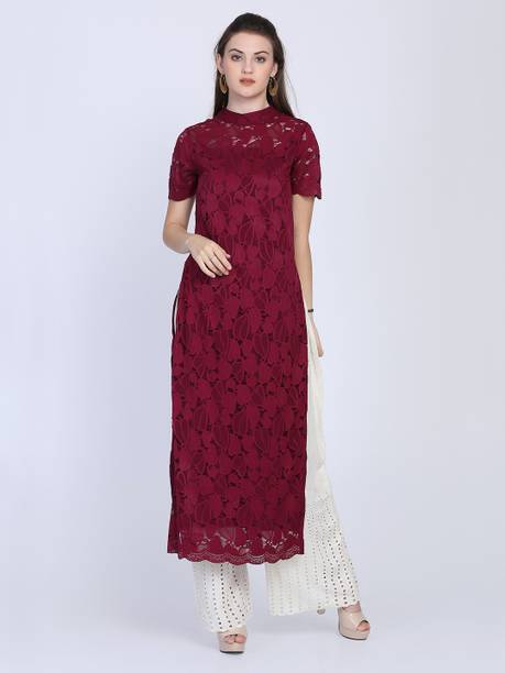 Women Self Design Lace Straight Kurta