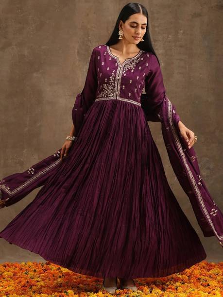 Women Embroidered Viscose Rayon Anarkali Kurta With Att...