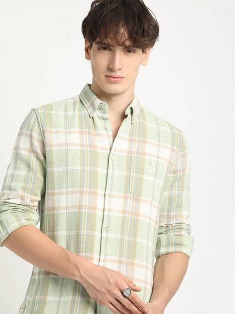 Men Slim Fit Checkered Button Down Collar Casual Shirt