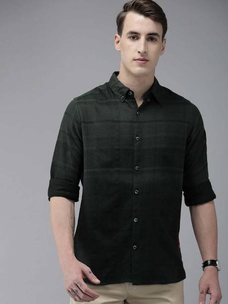 Men Slim Fit Checkered Button Down Collar Casual Shirt