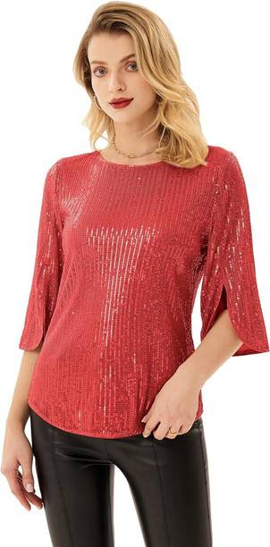 Party Cuffed Sleeves Embellished Women Red Top