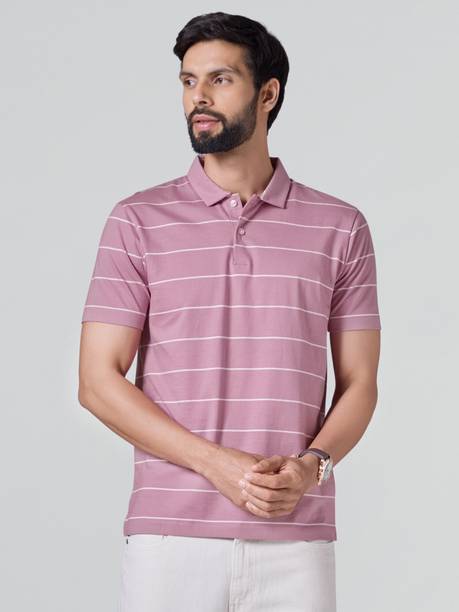 Men Striped Polo Neck Pure Cotton Pink T-Shirt