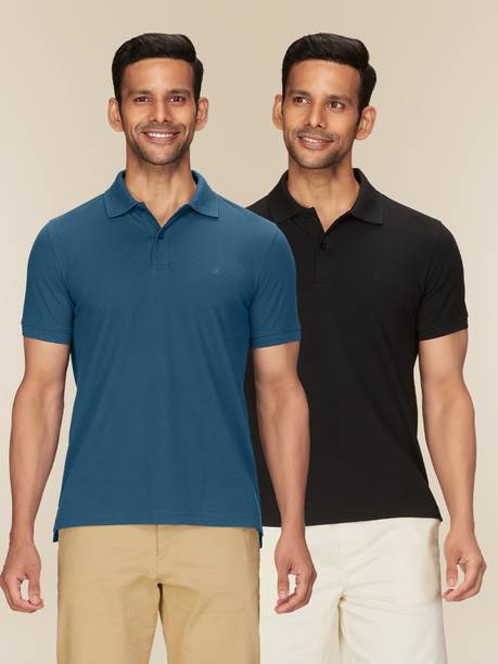 Pack of 2 Men Solid Polo Neck Pure Cotton Blue, Black T-Shirt