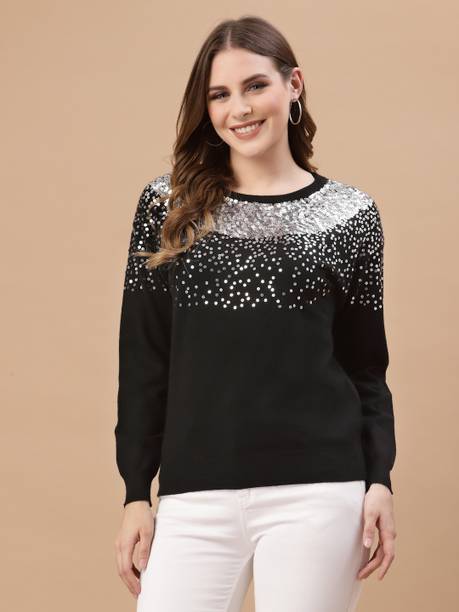 Casual Regular Sleeves Embellished Women Black Top