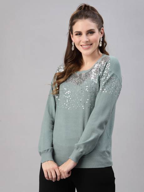 Casual Regular Sleeves Embellished Women Green Top