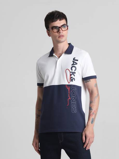 Men Typography Polo Neck Cotton Blend White T-Shirt