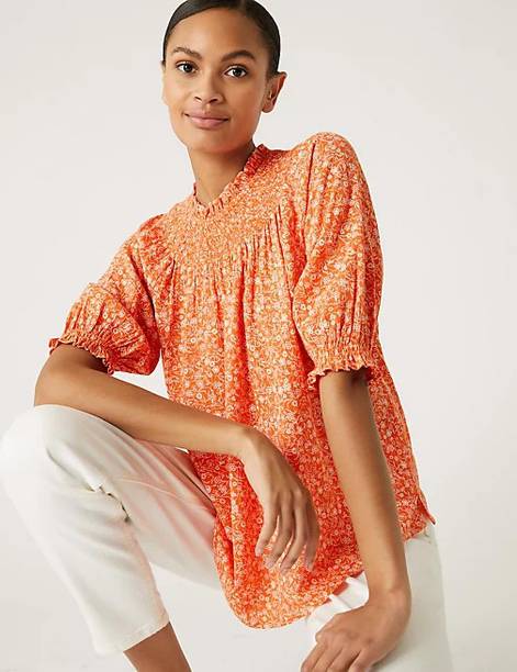 Casual Regular Sleeves Printed Women Orange Top