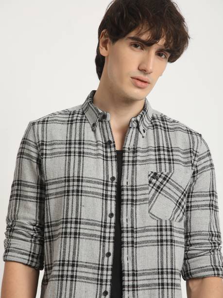 Men Slim Fit Checkered Button Down Collar Casual Shirt