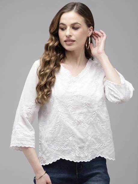 Party Regular Sleeves Embroidered Women White Top