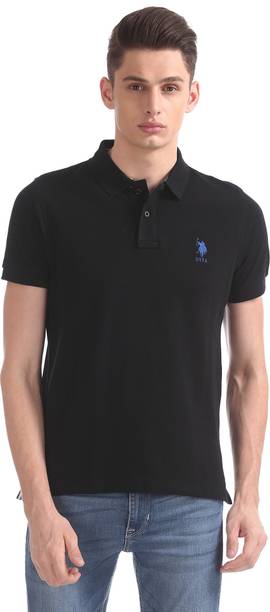 Men Solid Polo Neck Pure Cotton Black T-Shirt
