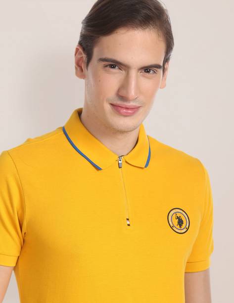 Men Solid Polo Neck Pure Cotton Yellow T-Shirt