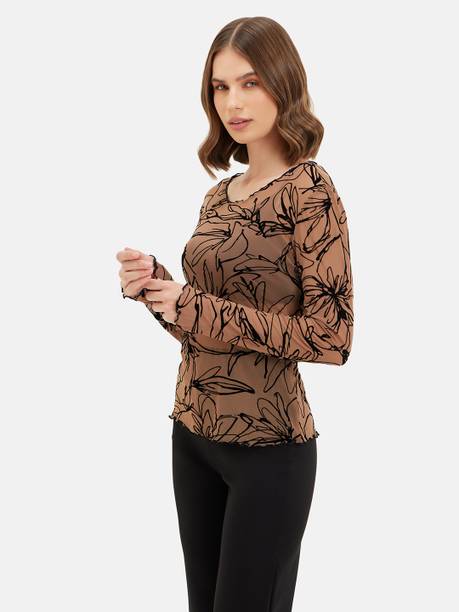 Party Regular Sleeves Printed Women Beige, Black Top