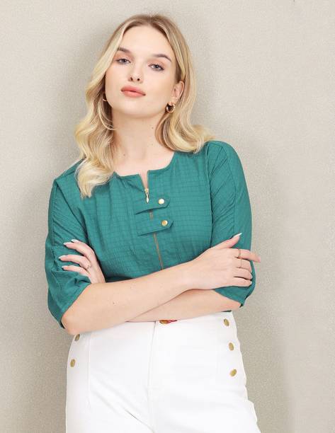 Casual Regular Sleeves Solid Women Dark Green Top