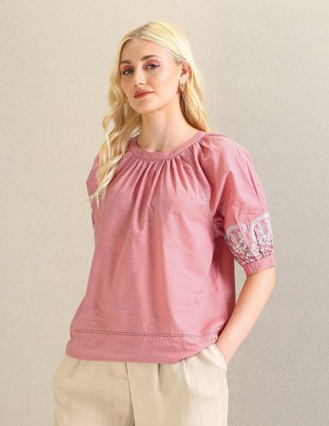 Casual Puff Sleeves Embroidered Women Pink Top