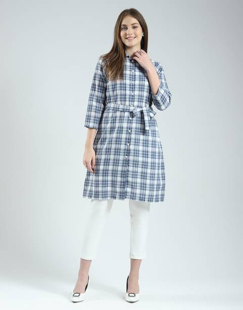 Casual Regular Sleeves Checkered Women Blue Top