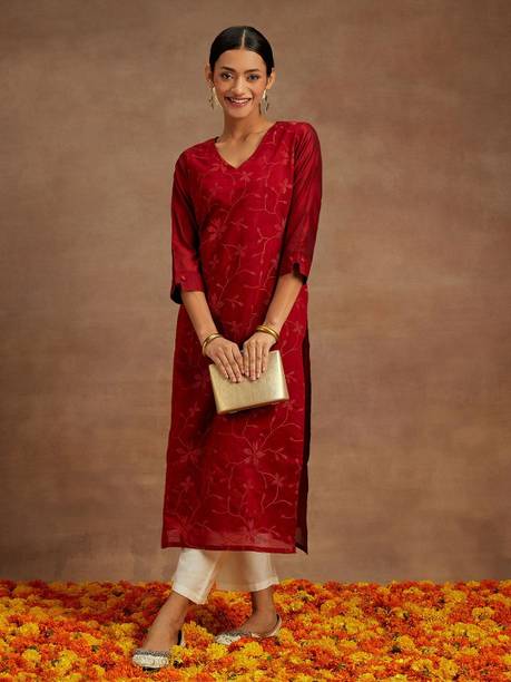 Women Embroidered Silk Blend Straight Kurta