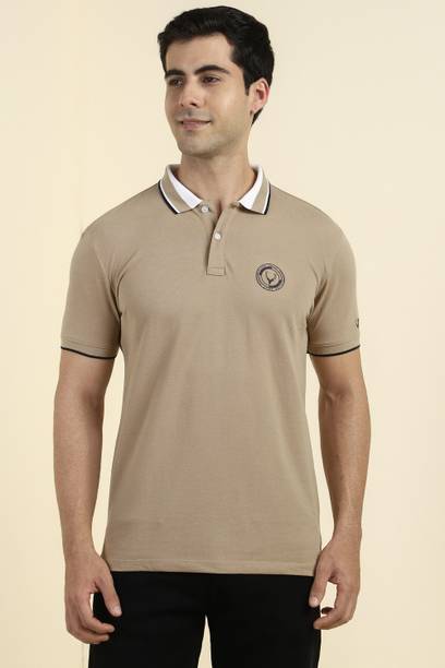 Men Self Design Polo Neck Polycotton Beige T-Shirt