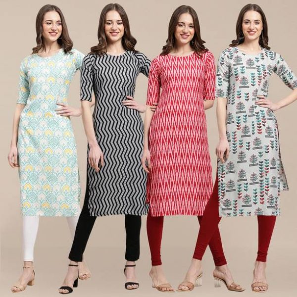 Pack of 4 Women Printed Crepe Straight Kurta