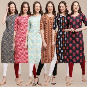 Pack of 6 Women Printed Crepe A-line Kurta
