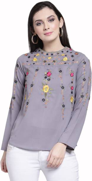 Casual Regular Sleeves Embroidered Women Purple Top
