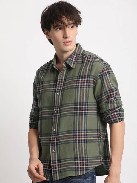 Men Relaxed Fit Fit Checkered Spread Collar Casual Shir...