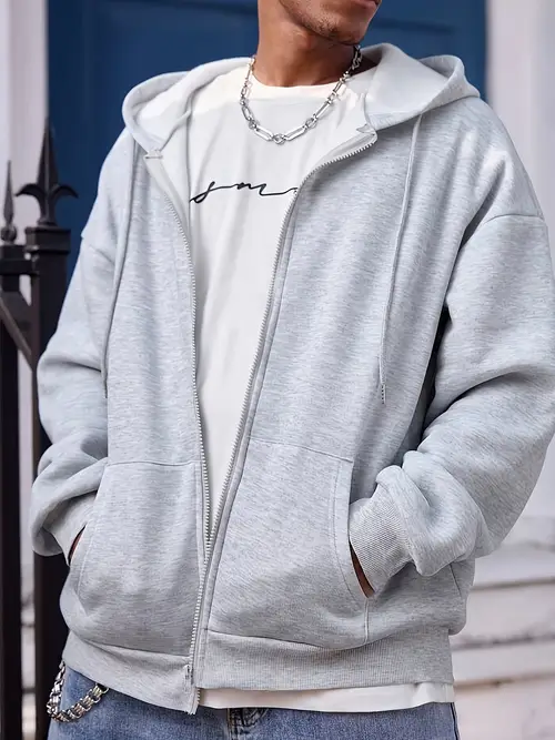Men'S Casual Solid Color Zip-Up Hoodie