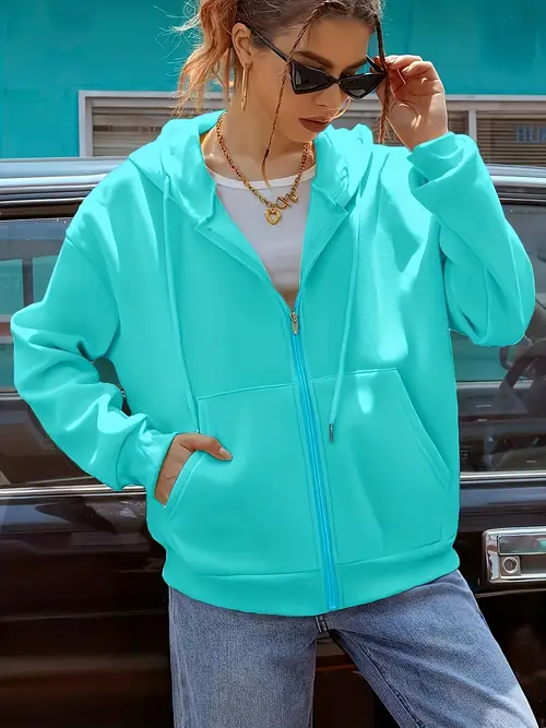 Girls Women'S Light Blue Zip-Up Hoodie