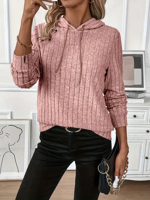 Girls Solid Color Drawstring Ribbed Hoodie,