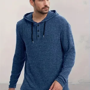 Men'S Casual Blue Hooded Sweatshirt with