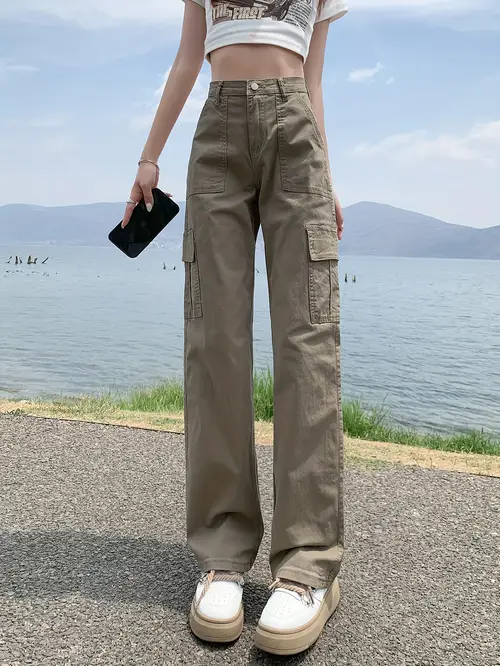 Women'S High-Waist Khaki Cargo Jeans with Multiple Pockets