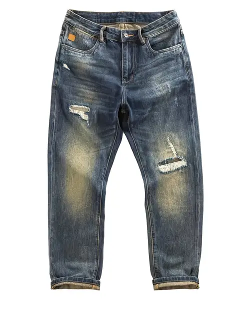 Men’s Vintage Distressed Jeans - Non-Stretch Straight-Leg Indigo Blue Wash,