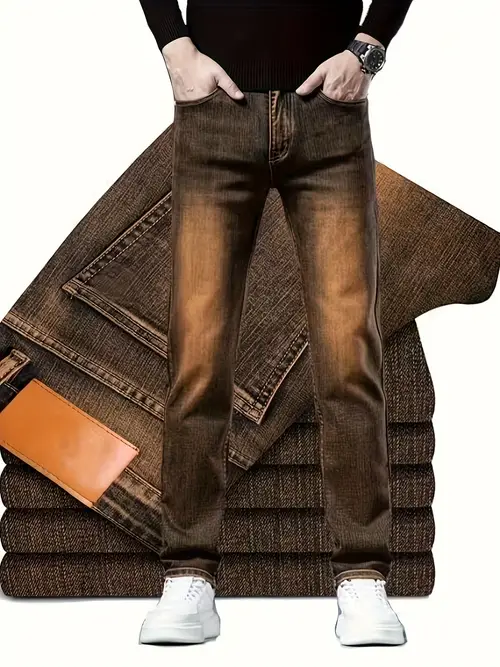 Men’s Slim-Fit Stretch Denim Jeans - Dark Brown, Button-Fly, All-Season