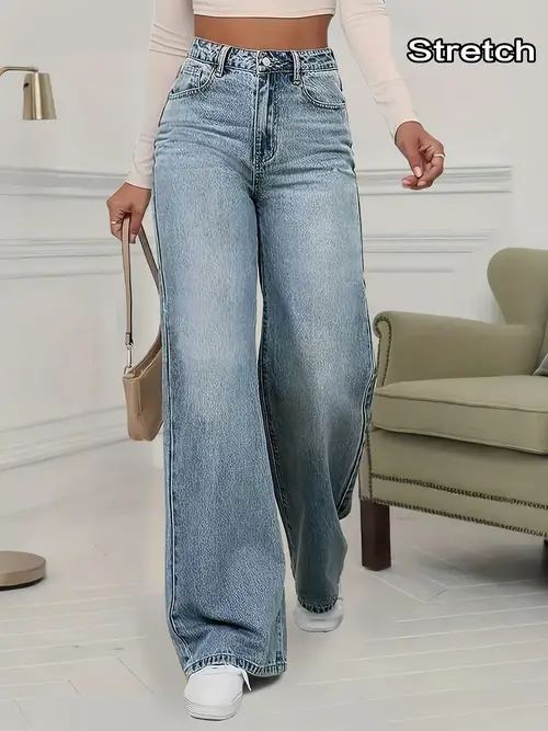 Women'S High-Waisted Stretch Jeans - Non-Stretchy Wide Leg Pants with Pockets