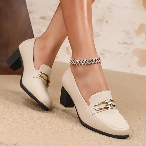 Women’s Elegant Beige Chunky Heel Pumps - British Style Square