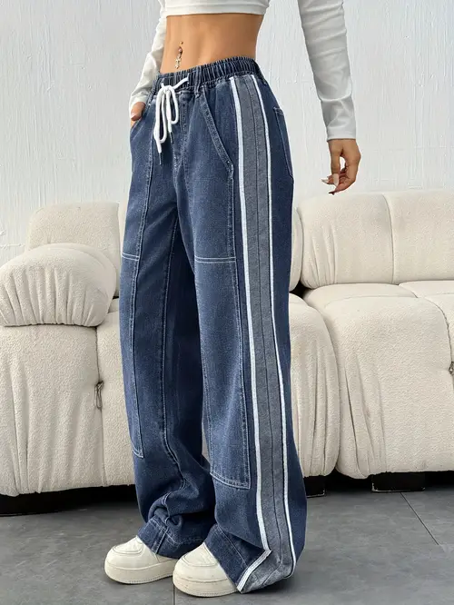 Loose Fit Jeans | Women's Casual Style with Drawstring Waist and Slant Pockets, Color Block Patchwork Denim